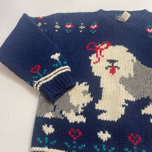 Vintage English Sheepdogs Puppies Woolrich Navy Blue Knit Wool Sweater Sz Small - Picture 3 of 9